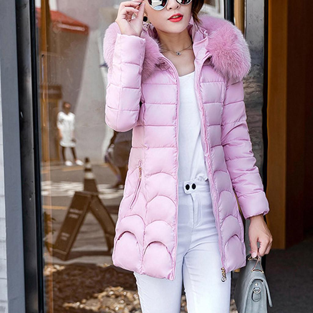 Women Hooded Outwear Warm Coat Long Thick Furry Collar Cotton Slim Jacket
