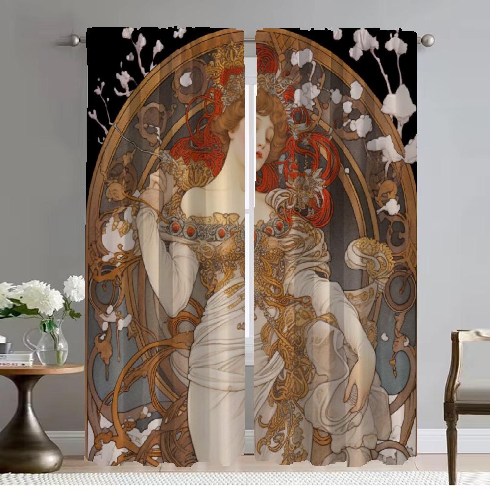 Home Interior Curtains for Camera Mucha Window Curtain for Room 2 Panel Shades Halloween Decoration Partition Living Kitchen