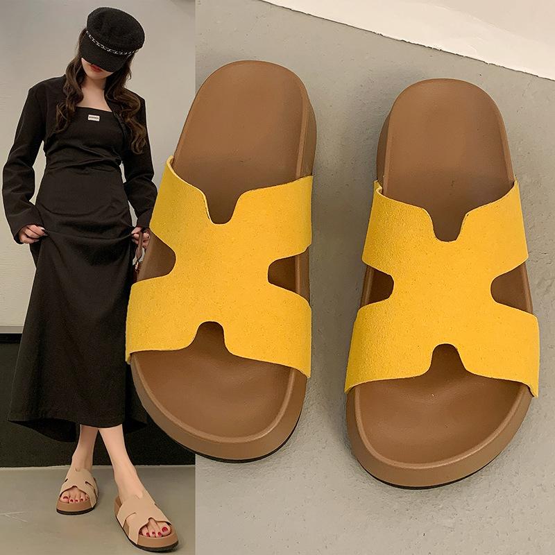 Simple New H-type Solid Color Thick Bottom One-word Drag Outer Wear 2025 Summer Round Head Cool Slippers 2025 Direct Sales