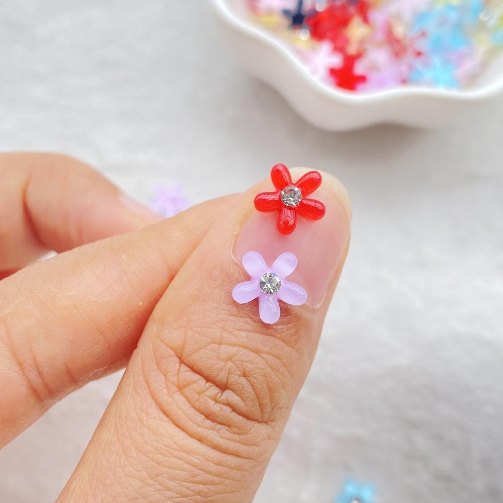 50Pcs 7mm Resin 3D Colorful Mini Shiny Diamond Flower Gems Flatback Figurines Scrapbook Wedding Applique Nail Art Decor Crafts