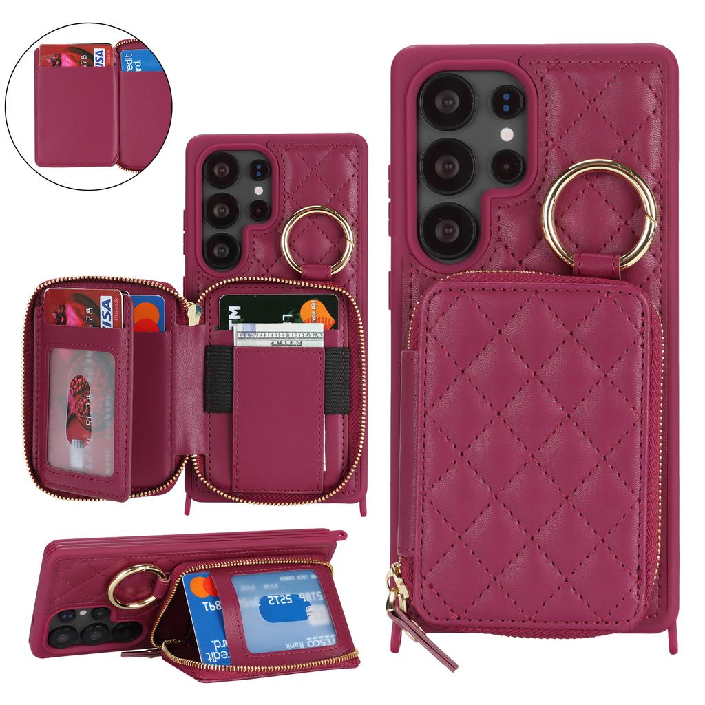 For Samsung Galaxy S25 Ultra Case Ring Holder Zipper Pocket Kickstand Leather Back Phone Cover with Shoulder Strap