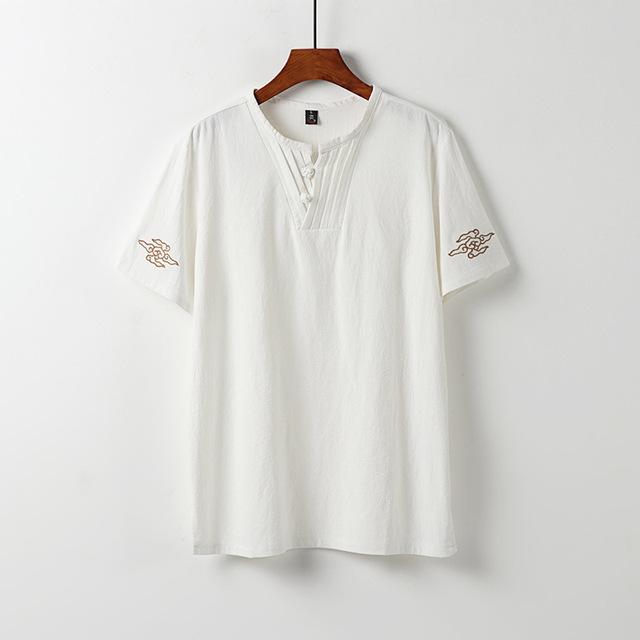 Summer thin linen short-sleeved T-shirt set men's Chinese cotton and linen half-sleeved top retro trend V-neck t-shirt
