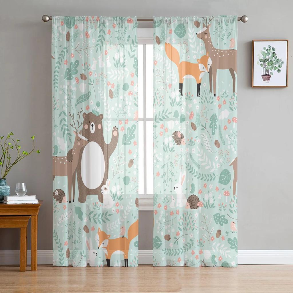 Transparente Vorhänge mit Aquarell-Wildtieren für Wohnzimmer, moderne modische Volantvorhänge für die Küche, Tüllvorhänge