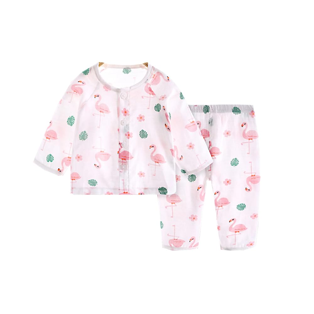 

Jaydyequ Детская пижама Тонкий хлопок Длинный фламинго 80см Комплект, Весна/Лето/Осень, Марля, Спереди на пуговицах, Рукава, Домашняя одежда для девочек, Принт,