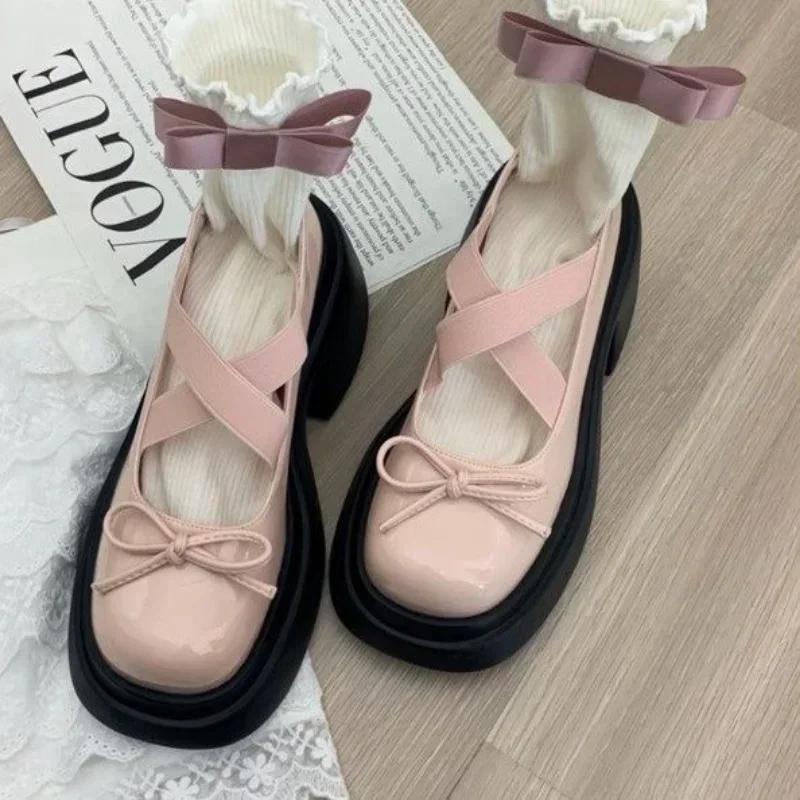 Fashion Women Sweet Bowknot Platform Mary Janes Shoes Women New Cross Strap Thick Single Shoes Ladies Buckle Patent Leather Lolita Pumps