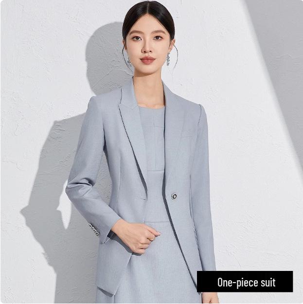 Women's High-End Gray-Blue Slim Fit Professional Suit Set - Includes Dress and Skirt