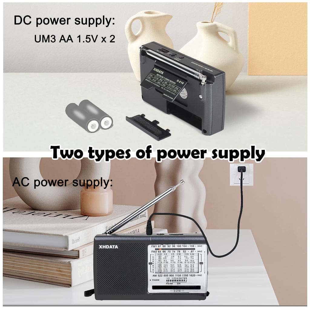 XHDATA D219 Portable Shortwave Wide FM Pocket AA Battery Emergency Easy Horizontal Japanese Instruction Manual Gray Radio, Compact, FM, AM, SW,