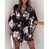 Mini Abito Casual Estivo con Coulisse e Laccetti Stampa alla Moda Maniche a Pipistrello Abito da Spiaggia Sexy Bottoni Scollatura a V Copricostume da Donna per Feste
