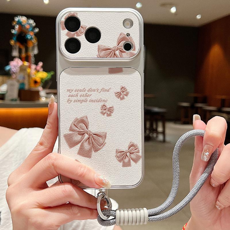 Pink Bowknots Floral Leather Lanyard Case For iPhone 18 Pro Max 17 16 15 14 13 Pro Max Luxury Hybrid TPU+PU Anti-skid Soft Phone Cover
