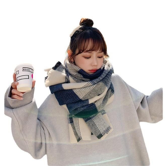 Scarf Women's Winter All Match Japanese Style White Blue Plaid Imitation Cashmere Shawl Student Warm Couple Thickened Scarf
