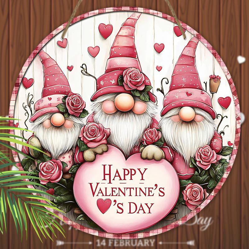 Pink Valentine's Day Wooden Sign with Adorable Gnomes Pattern - Romantic Round Sign for Front Door Wall Hanging Decor - Ideal Gift for Valentine