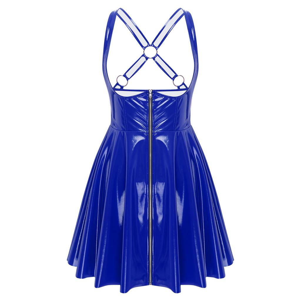 Mouwloze gothic punkjurk voor dames met lage halslijn, ritssluiting aan de voorkant, gekruiste A-lijn en glanzende wet-look, geschikt voor in de club.