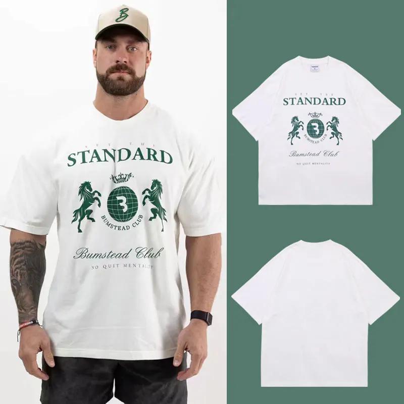 2025 100% Bomull Herr Mode Bokstavstryck Högkvalitativ T-shirt Fitness Street Wear Sommar Casual O-hals Oversized Sporttopp