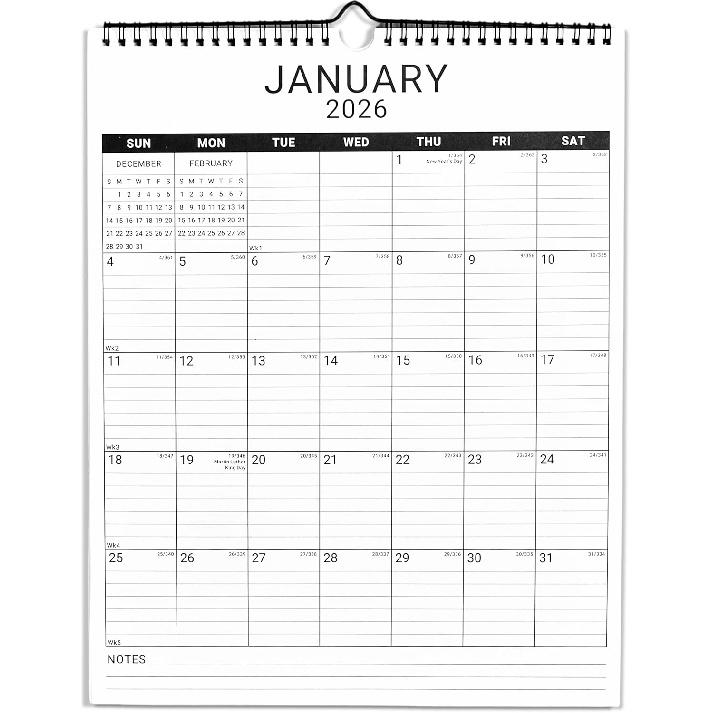 2026 Wall Calendar, 12 Month 11”x8.5 ‘’ Year Monthly Organizer from January 2026-2027 Small Mini Horizontal Blank Spiral Bound Wire Hanging