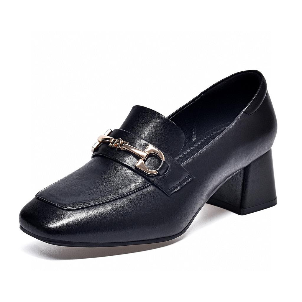 Square Head Shallow Mouth Single Shoes Women's 2025 Spring and Autumn New British Style Metal Buckle Small Leather Shoes Two High Women's Loafers