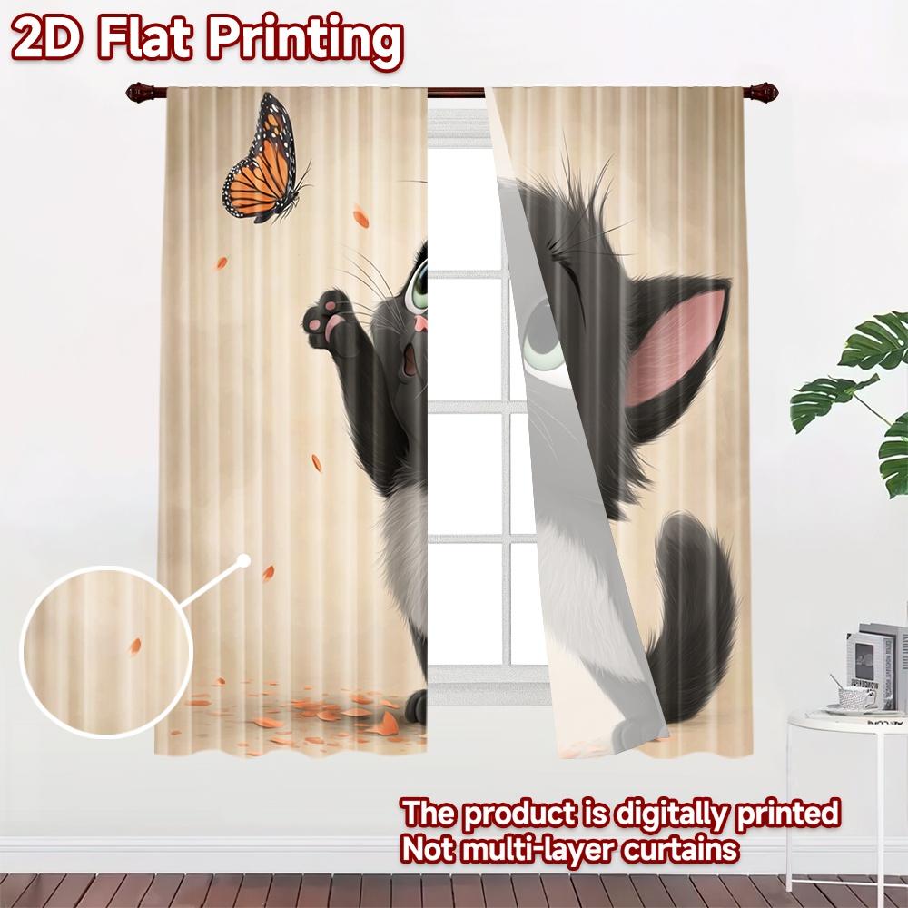 2D flat printing 2pcs Window Curtains Cute black kitten butterfly Digital Printed Polyester Drapes Party Decorations Perfect for