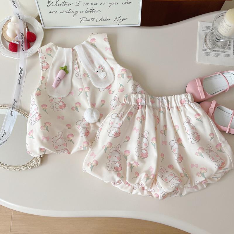 Girls Summer Cute Rabbit Sleeveless Vest And Bud Shorts Two Piece Set Thin Stylish Outfit