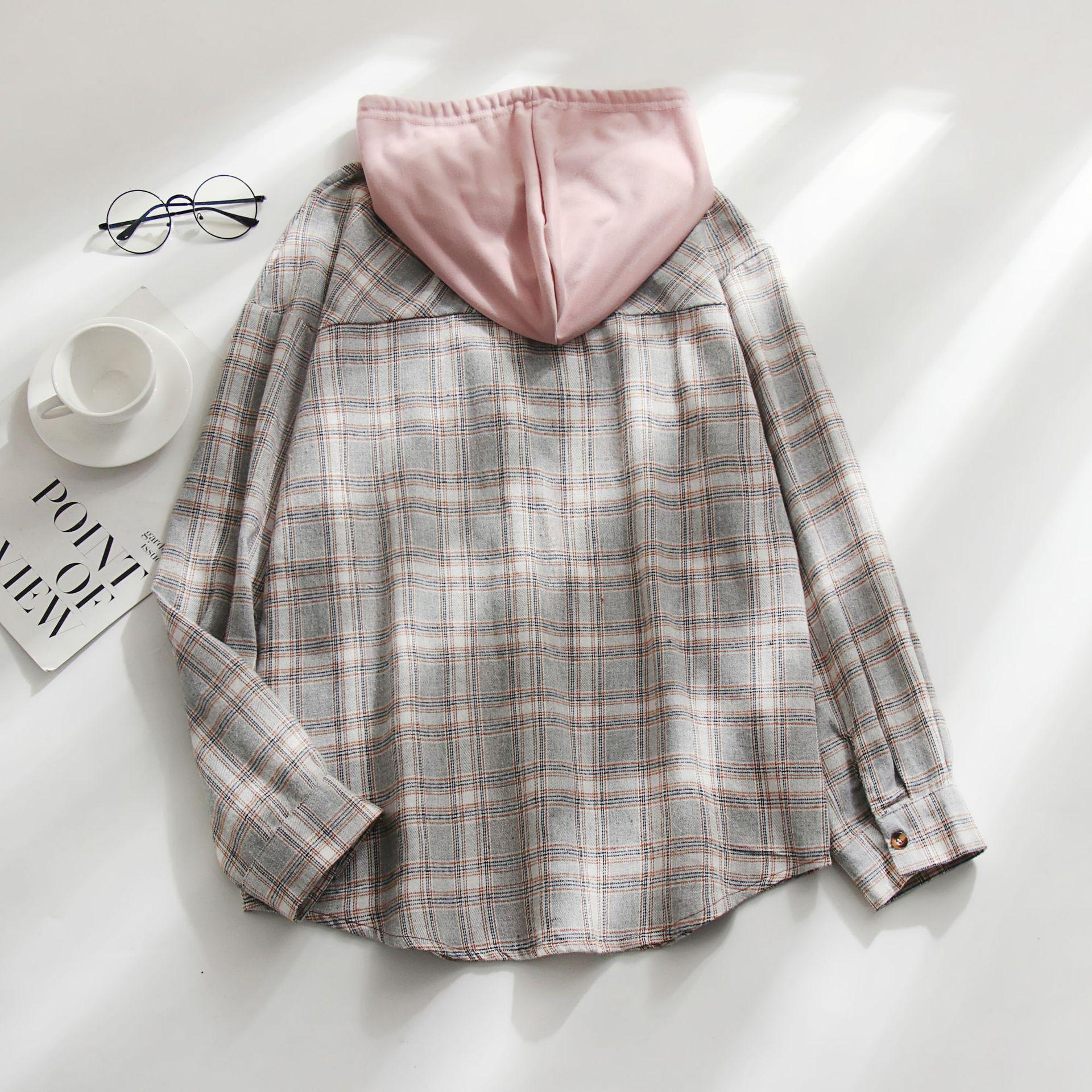 

Жіночі сорочки в клітку з капюшоном на ґудзиках Повсякденна шотландка з капюшоном, куртка, блуза, вільний пуловер з довгим рукавом, світшоти, пальто M сірий колір