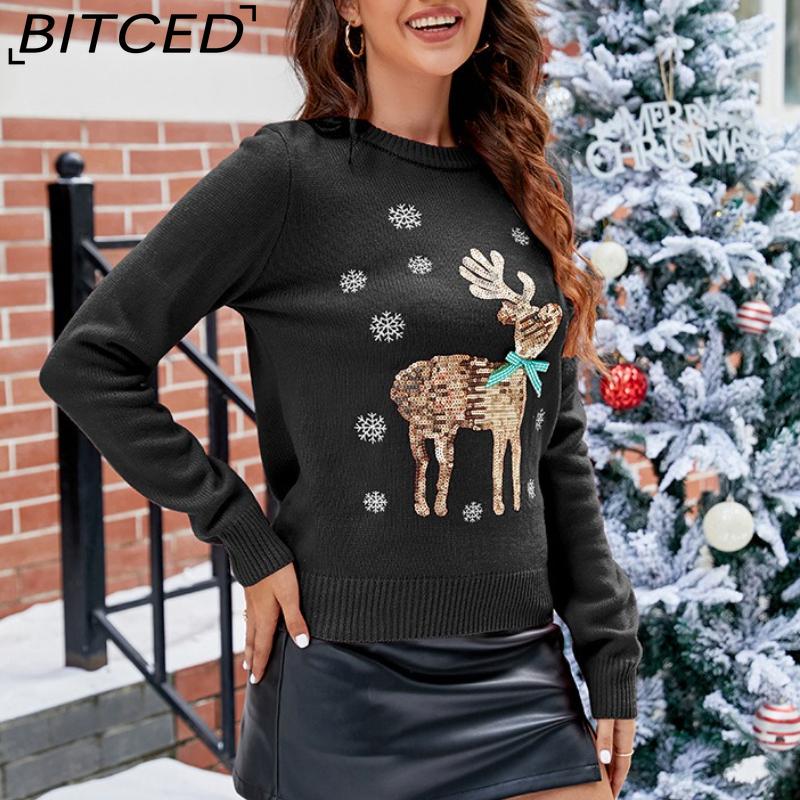 BITCED Weihnachtsstrickwaren für Damen Herbst/Winter Rentier bestickt Bezaubernder weihnachtlicher Strickpullover