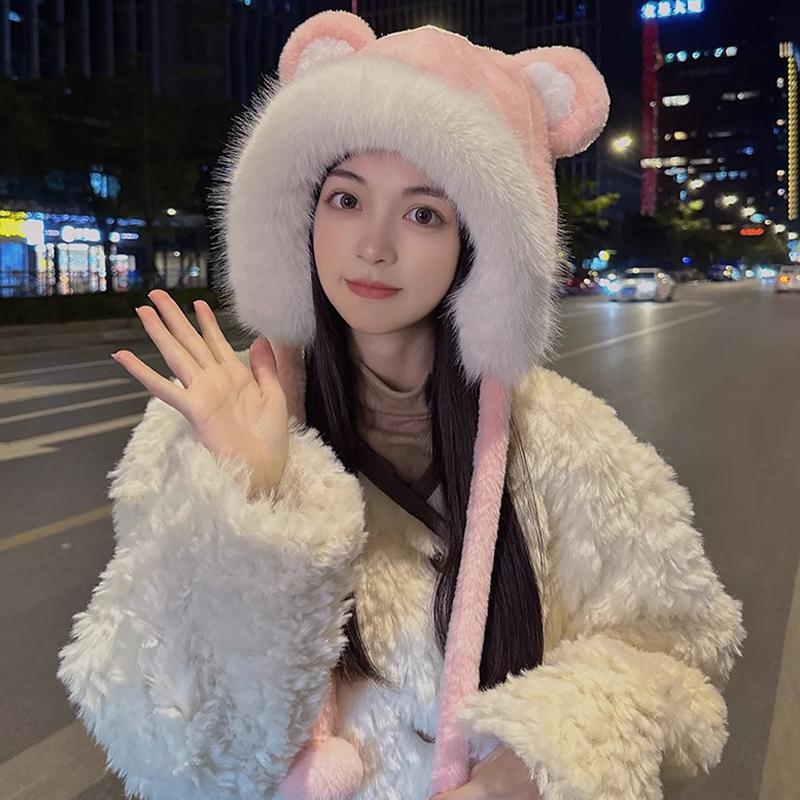 Winter Bear Plush Hat Outdoor Cycling Ear Protection Hat Thickened Warm Hat Casual Fleece Hat Women'S Warmth Essentials
