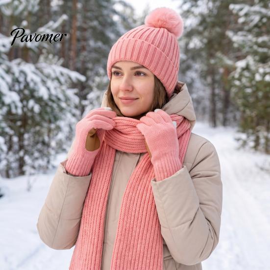Fashionable Vertical Stripe Knitwear Winter Hat Scarf Gloves Set, Knitted with Pompom, Touch Screen Gloves, Cold Weather Essential Set Warm