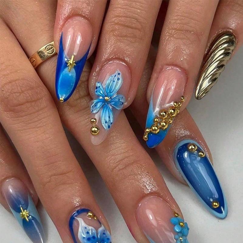 24Pcs Luxury Gold 3D Floral Press On Nails Almond Metallic Wave Pink Nude Elegant Wearable False Nails