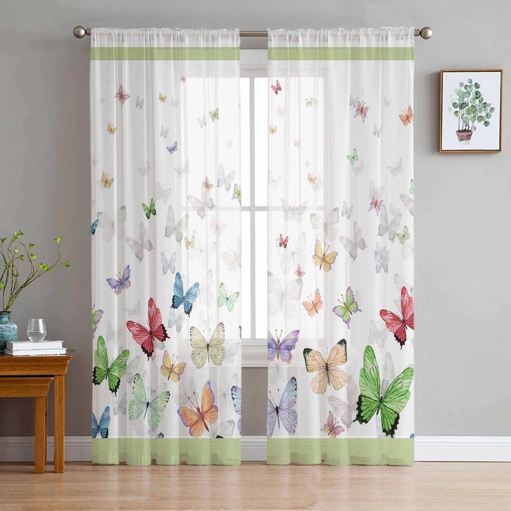 Flower Butterfly Blue Sheer Drapes Living Room Window Curtains For Bedroom Kitchen Home Decoration Curtain Panels