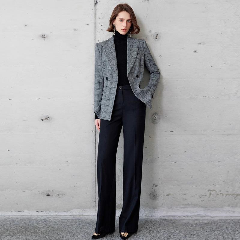 Luxurious British Style Dark Plaid Suit: Women's Jacket & Straight-Leg Pants Two-Piece Set for Autumn/Winter.