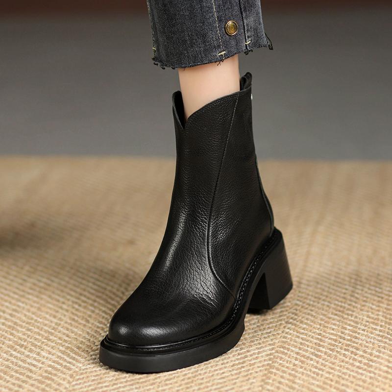 Fashion 2024 Winter Women Boots Leather Boots Chunky Heel Shoes Autumn Retro Genuine Leather Women Shoes High Heel Boots Chelsea Boots