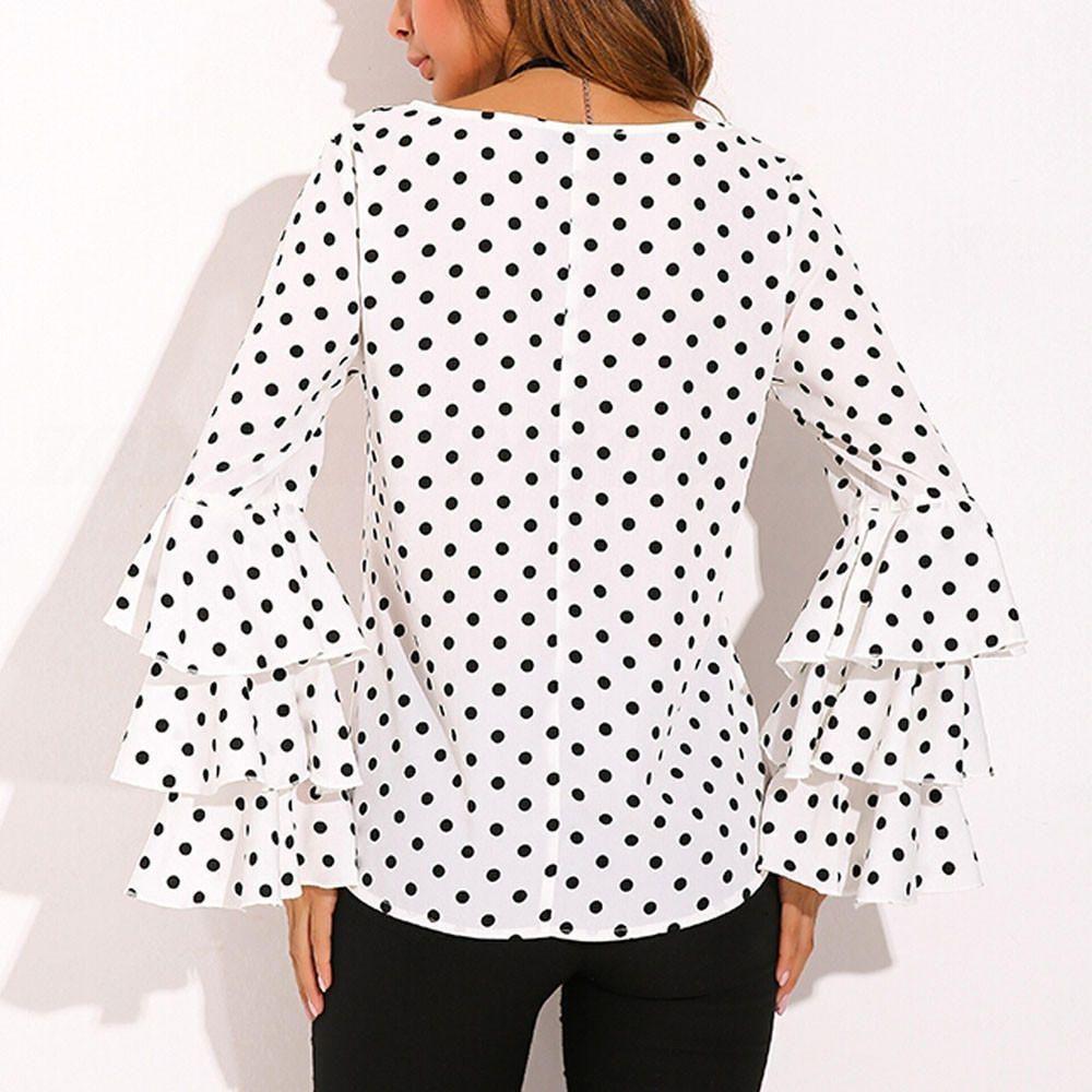 Bell Fashion Women Sleeve Loose Polka Dot Blouse Casual Ladies Shirt Tops