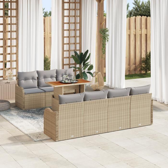 VidaXL Ensemble de Jardin 8 Pièces avec Coussins Beige Poly Rattan 3358156