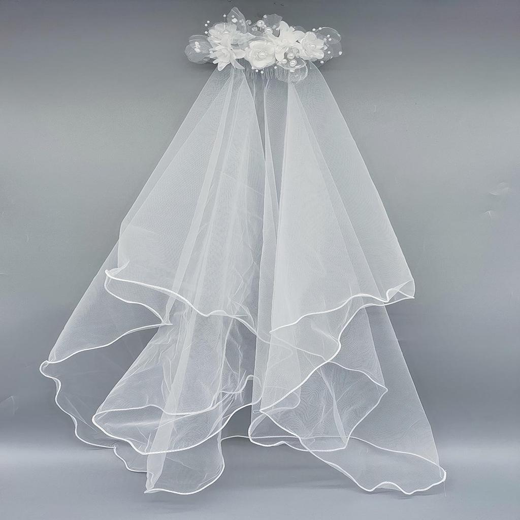 White Pearl Double Layer Veil Hair Comb - Bridal Party Flower Headdress