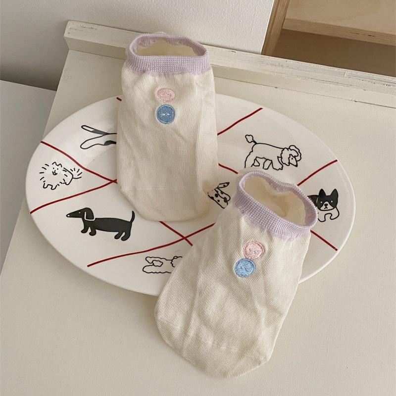 Ladies Spring and Summer Mesh Breathable Solid Color All Match Button Embroidery Silicone Non-slip Heel Socks