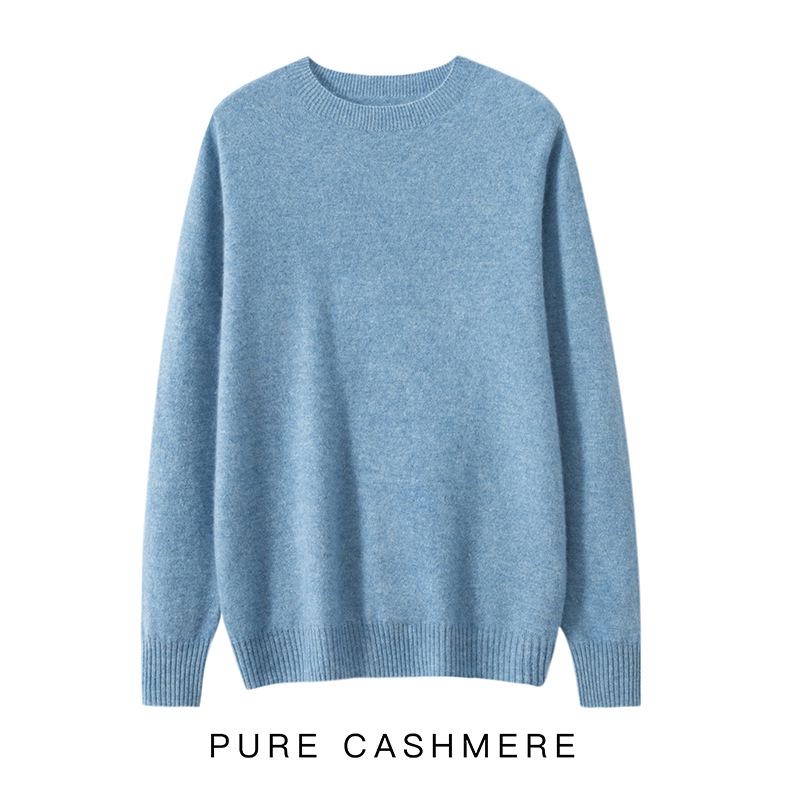 Men's Pure Cashmere Round Neck Sweater: Thick, Loose-Fit, Solid Color Knit for Autumn and Winter.