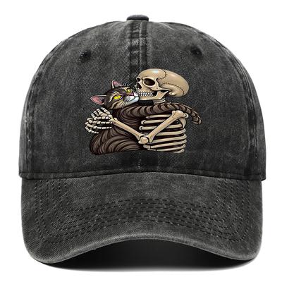 Cat and Skeleton Printed Baseball Hat Adjustable Washable Outdoor Sunscreen Hat Suitable As Halloween Gift for Men and Women