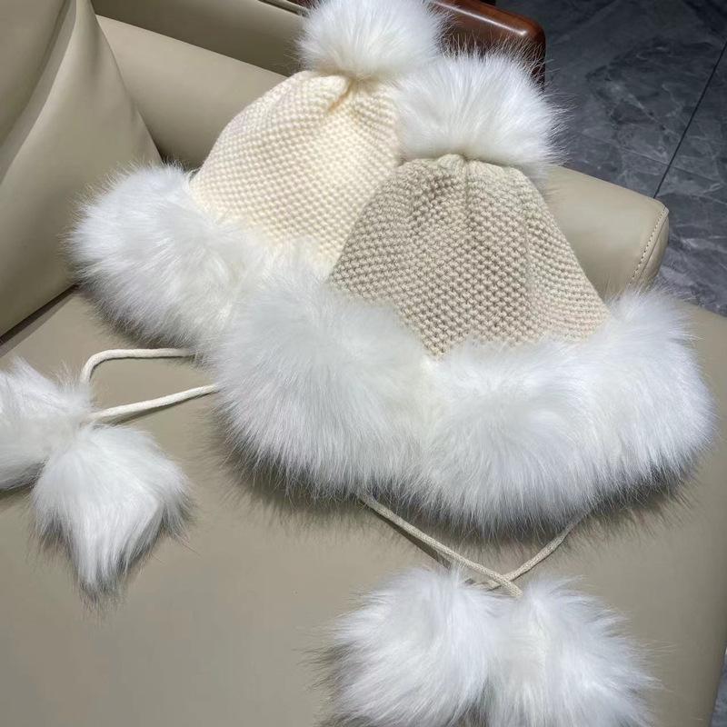 Damen Rote Bommel Strick Lei Feng Mütze - Warmer Samt, Modische Ohrenschutz Skimütze für Weihnachten & Neujahr.