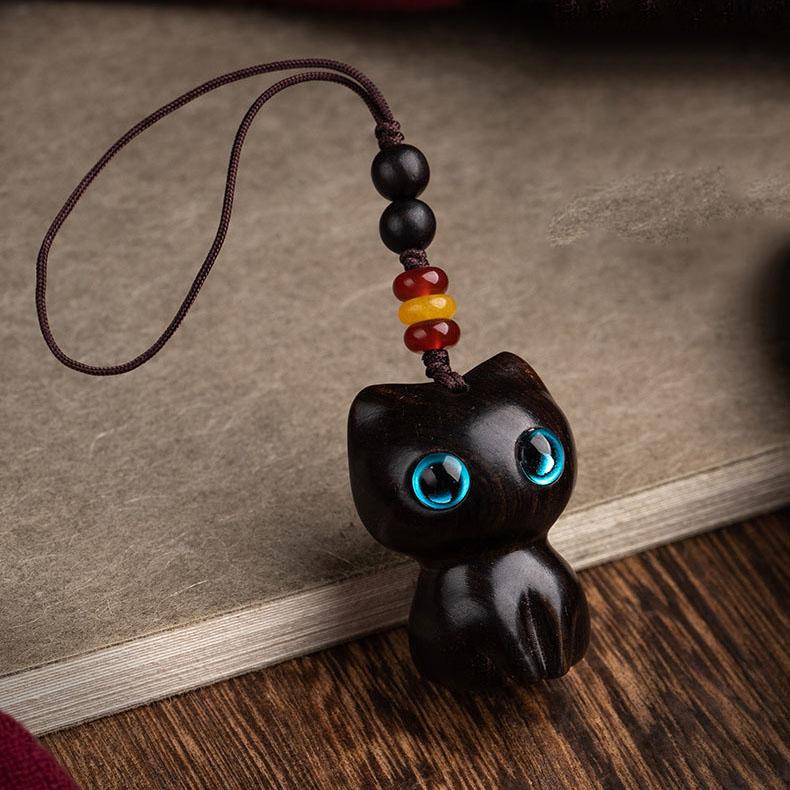 Purple Ebony Cute Wealth Attracting Cat Car Keychain Pendant Antique Style Pendant Mobile Phone Handmade High-end Hanging Accessory
