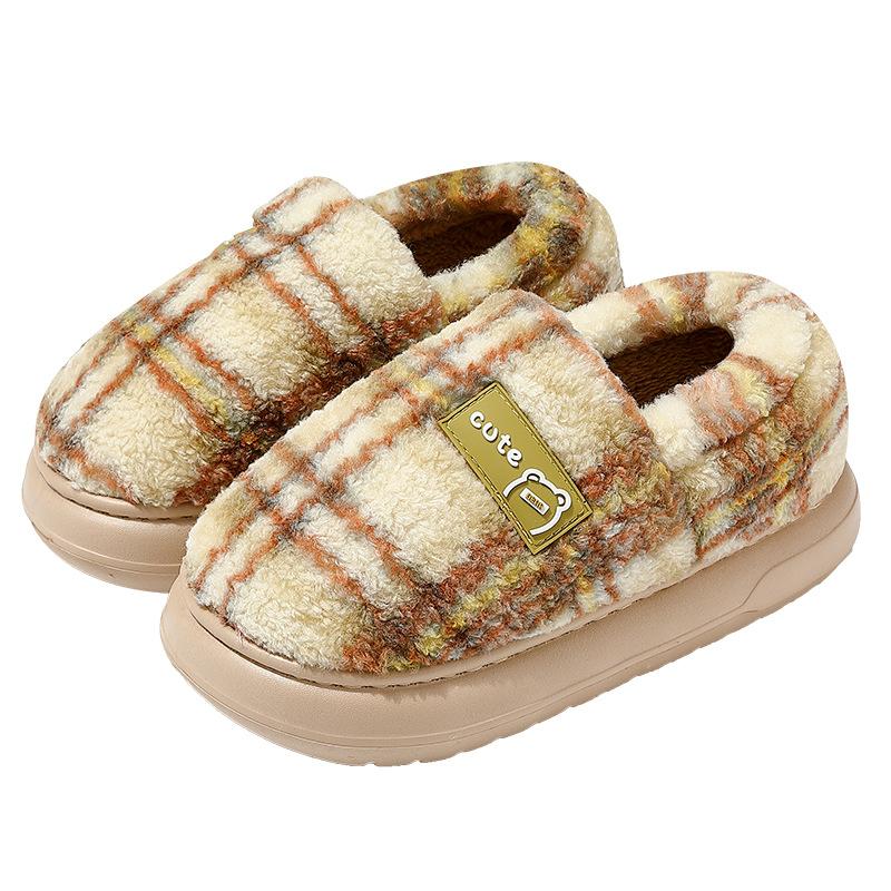 Retro Plaid Cotton Shoes Women's Autumn and Winter Home Plush Warm Outer Wear Non-slip Korean Version Bag Heel Cotton Slippers Men