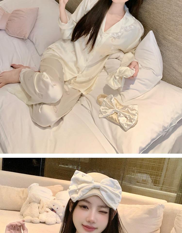 2025 Women's Ice Silk Pajama Set: Cute Kitty, Long-Sleeve for Spring and Autumn