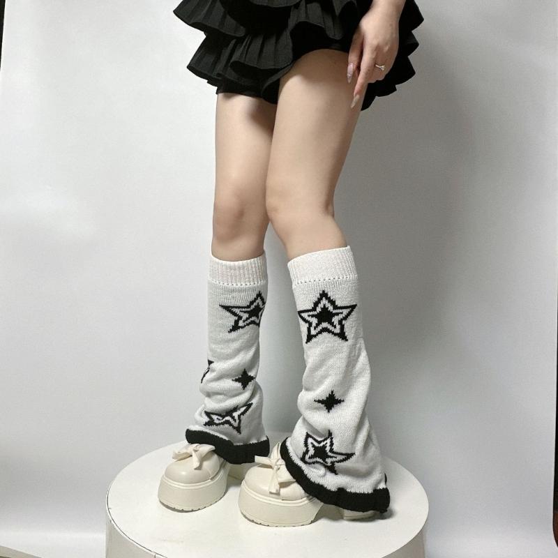 Punk Women Leg Warmers Japanese Aesthetic Star Pattern Flared Knitted Foot Cover Ruffle Trim Long Stockings Streetwear