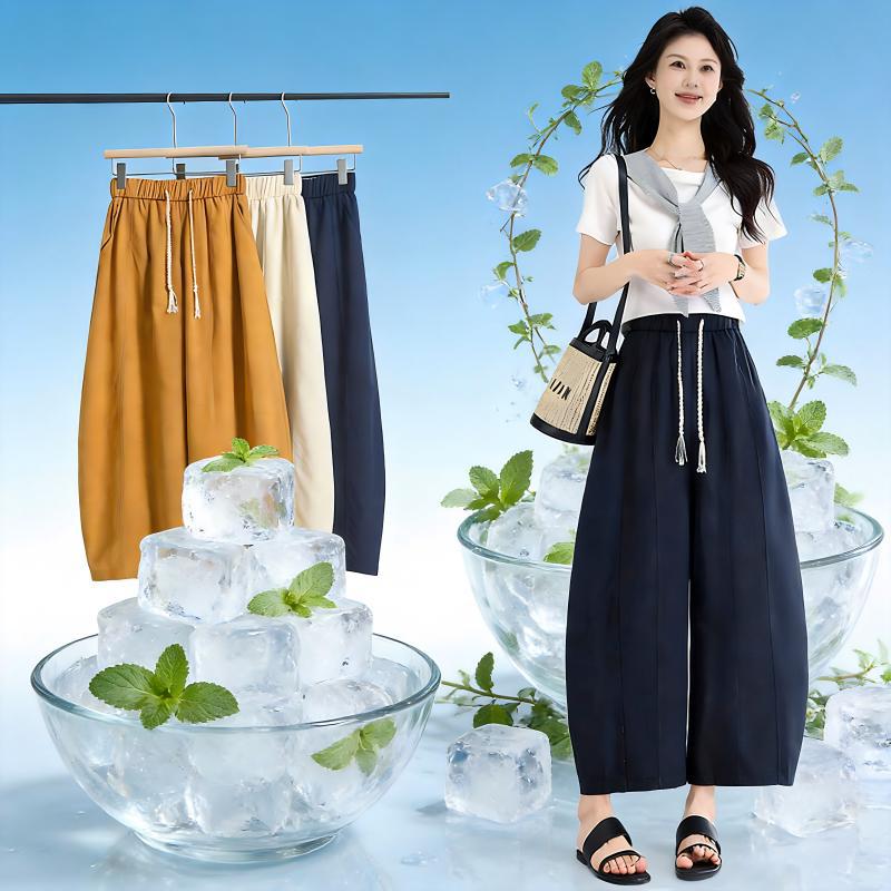 Women's High Waist Balloon Pants Curved Wide Leg Pants Thin Drawstring Casual Korean Style Nine Trousers