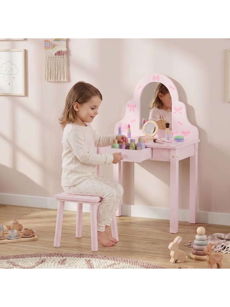Kids Vanity Table Set 2 In 1 with Stool for Girls 3-6 Pink