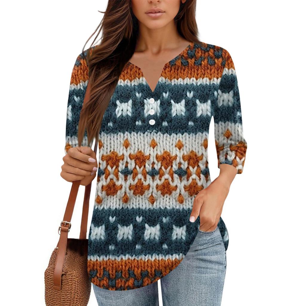 Damen V-Ausschnitt Freizeit Dreiviertelarm Knopf-Detail Top mit Blumenmuster