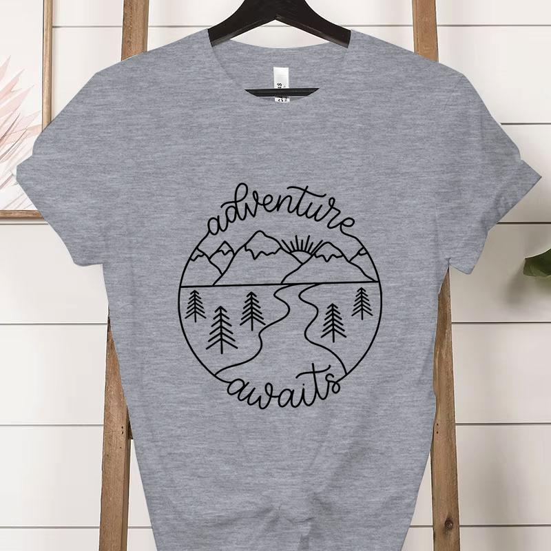 Adventure Awaits Outdoor Graphic T Shirts Women Mountain Nature Lover Gift Crew Neck Short Sleeve Tshirt Adventure Classic Tops