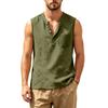 Men Sleeveless Henley Shirt Loose Fit Casual Beach Vest with Pocket Summer Tank Top Linen Blend