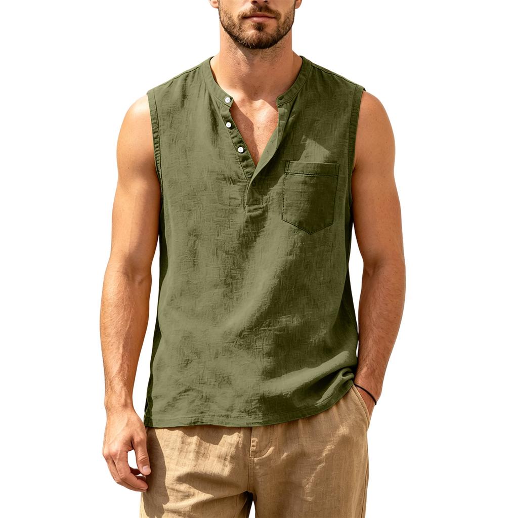 Men Sleeveless Henley Shirt Loose Fit Casual Beach Vest with Pocket Summer Tank Top Linen Blend