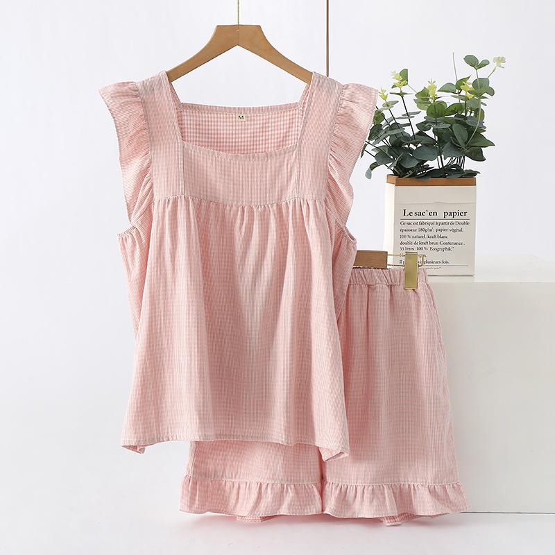 

Женский пижамный комплект без рукавов из двухслойной хлопковой марли на бретелях-спагетти - Летняя домашняя и уличная одежда Extra Large розовый