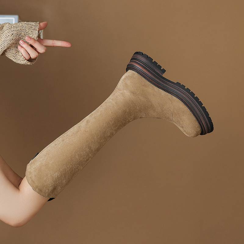 Krazing Pot Flock Autumn Winter Shoes Thick Med Heels Flat Platform Size 43 Modern Boots Stretch Knee Boots