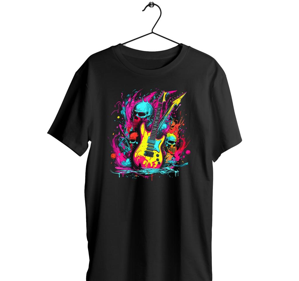 Polyester Neon Skull Guitar TShirt Dripping Street Art Heavy Metal Rock Tee