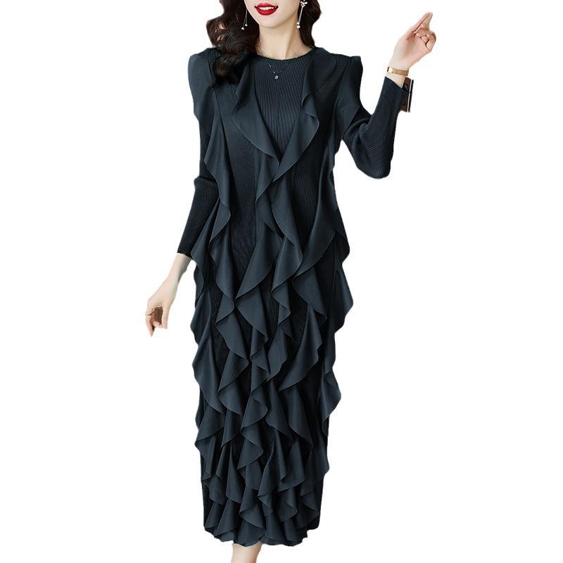 Miyake 2024 Spring Lotus Leaf Pleated Dress - Women's Layered Three-Quarter Sleeve, Round Neck, Plus Size